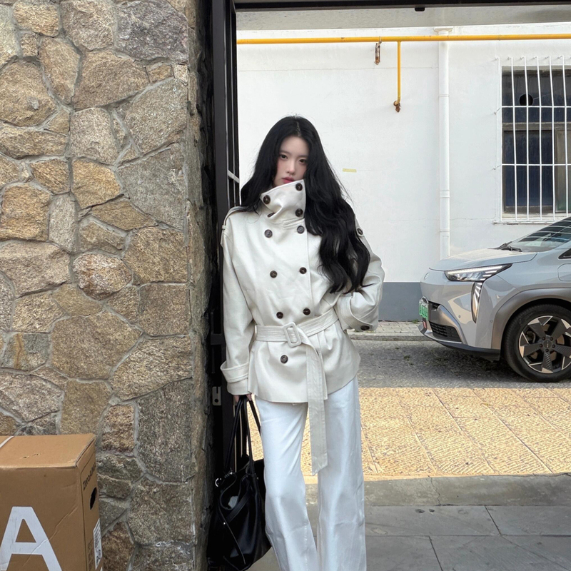 White Double-Breasted Stand Collar Short Trench Coat for Women, Autumn 2026 New Style, High-End Waist-Cinching Elegant Jacket White Double-Breasted Stand Collar Short Trench Coat for Women, Autumn 2026 New Style, High-End Waist-Cinching Elegant Jacket