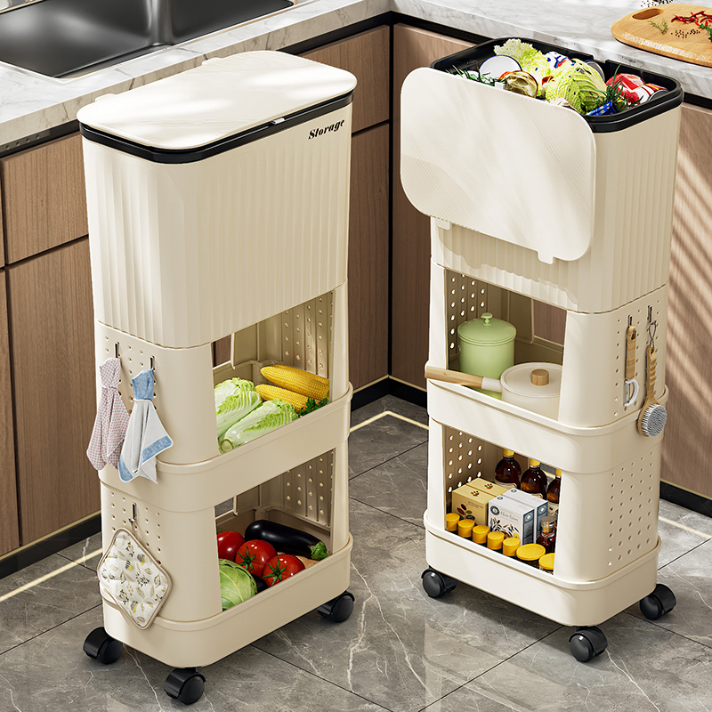 German Kitchen Trash Can for Home Use, Large Capacity, Sliding Lid, Movable, Double-Layer, Tall Model, No Need to Bend Over, Special Storage Rack