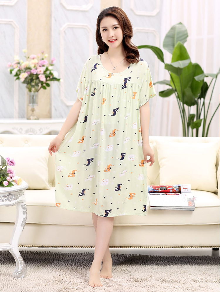 Váy ngủ nữ lụa Mian mùa hè tay ngắn cộng với phân bón XL cotton trung niên váy nữ 200 kg váy ngủ lụa