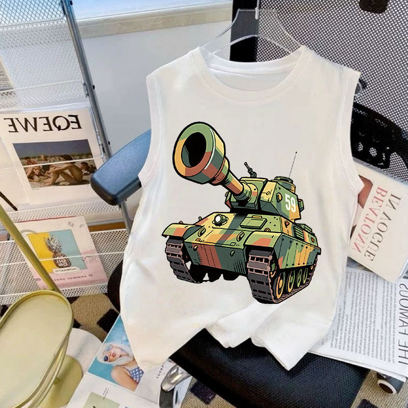 Tank-Themed Summer New Pure Cotton Vest for Men, Women, and Children, Sleeveless Tank Top, Round Neck T-Shirt