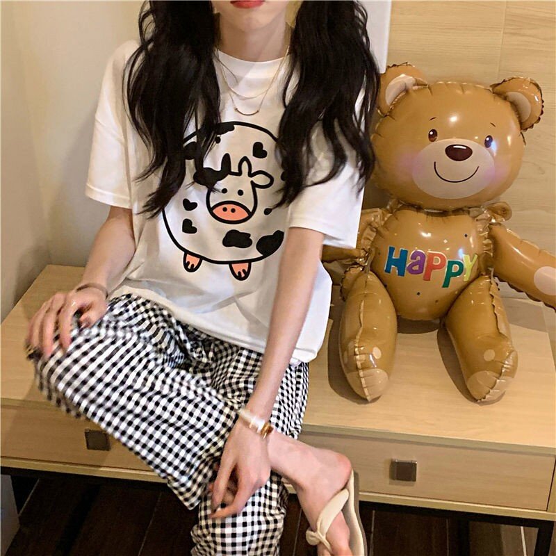 Pajamas female students summer new short-sleeved trousers home service thin section casual sports loose plaid pants two-piece set