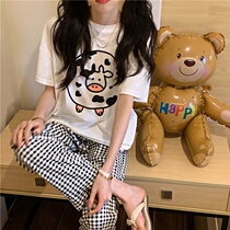 Pajamas female students summer new short-sleeved trousers home service thin section casual sports loose plaid pants two-piece set