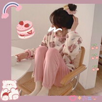 Korean ins pajamas womens winter thickening and velvet coral velvet autumn and winter strawberry bear flannel homewear suit