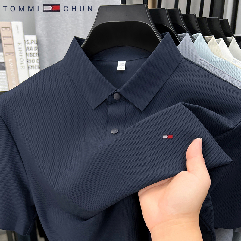 American Tommy Ice Silk Short Sleeve T-Shirt for Men 2026 Summer New Loose Fit Men's Plus Size Casual Seamless Polo Shirt