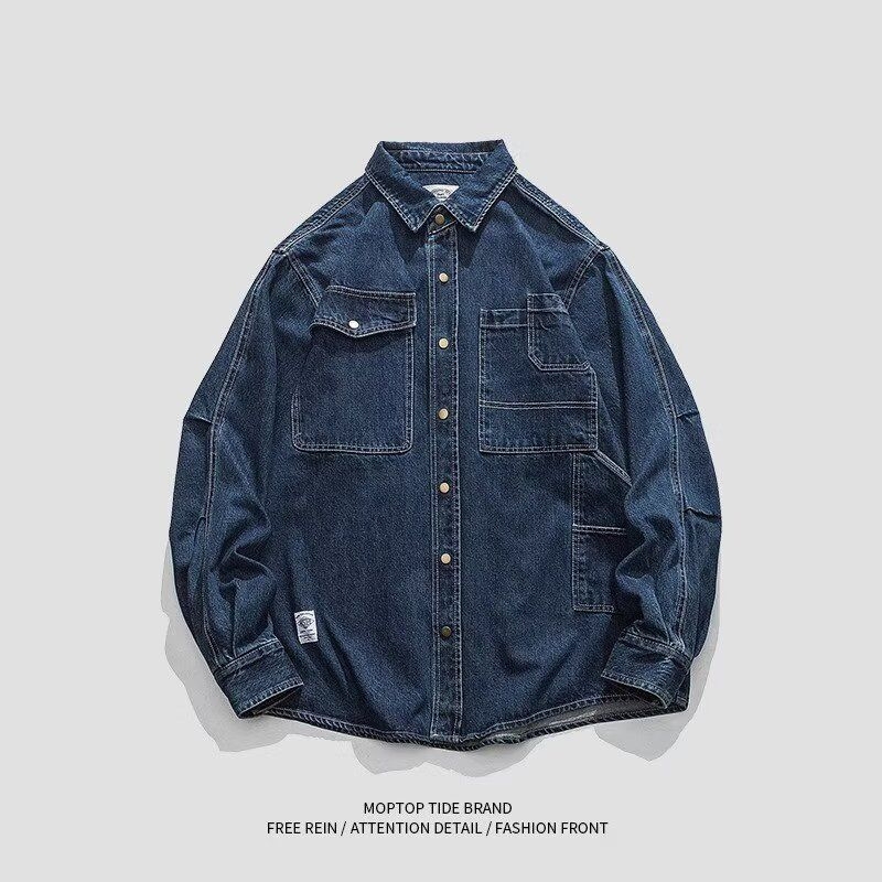 Japanese-Style Spring and Summer Denim Short and Long Shirts, Artistic Youth Workwear Shirts, Unisex Black Cardigans