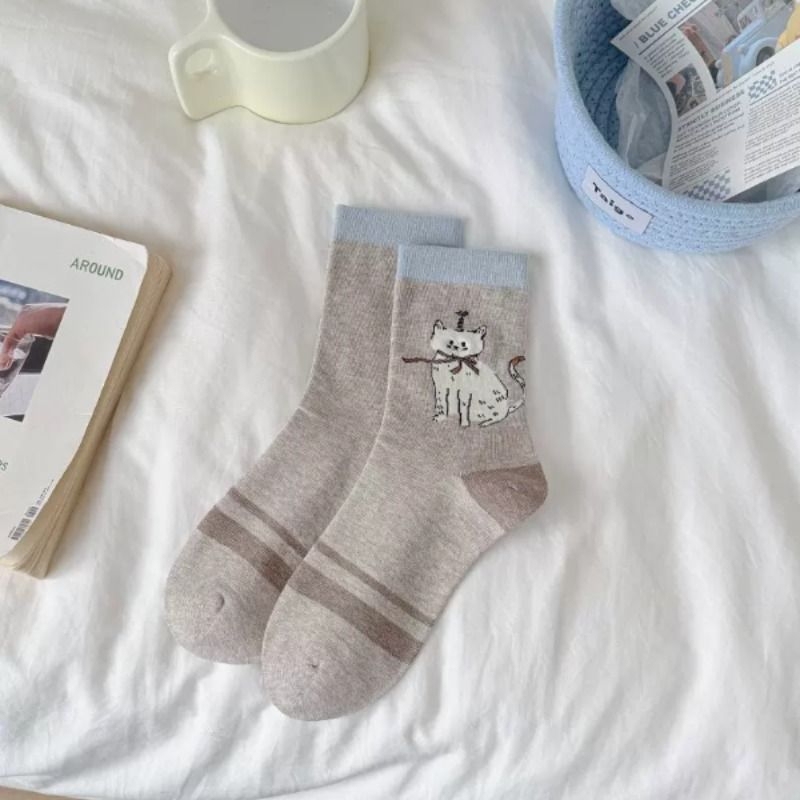 6 Pairs of Cute Cat Boneless Socks for Women, Summer Thin Cotton Socks, Mid-Calf Socks, Trendy Cartoon Couple Slouch Socks