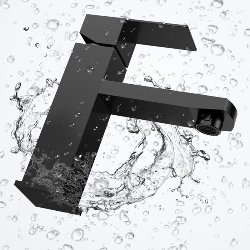 Stainless Steel Matte Black Square Bathroom Faucet Single-Hole Hot and Cold Mixer Valve Basin Sink Faucet Black Waterfall