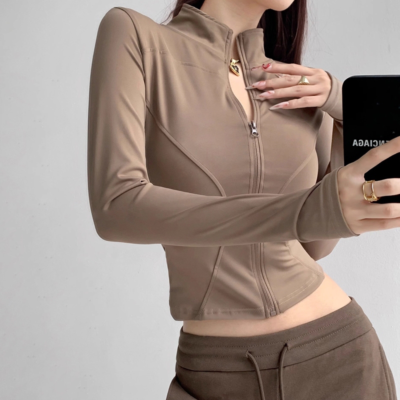 Zipper Slim-Fit Long-Sleeve Quick-Dry Yoga Top for Spring and Summer, Tight-Fitting Waist-Cinching Fitness Stand-Collar Yoga Jacket with Moisture-Wicking Properties