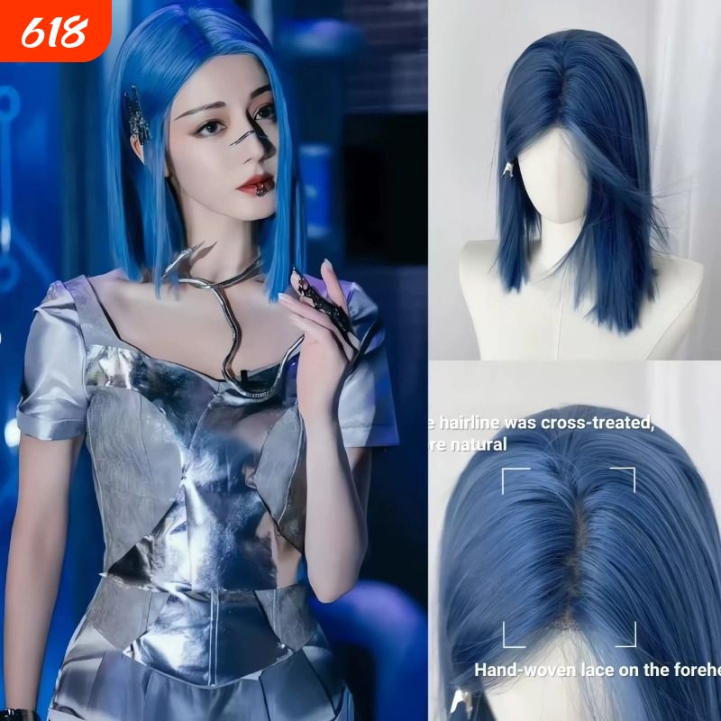 Blue Short Hair Wig for Women, Lace Full Wig, Mechanical Blue, Deep Sea Blue, Internet Celebrity Style, Natural Fashion, Middle Part, Same Style as Reba