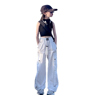 女童白色工装裤夏季薄款速干美式裤子高腰爵士舞休闲2025新款洋气