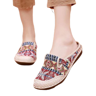 老北京布鞋女夏季包头半拖鞋亚麻凉拖鞋外穿软底妈妈鞋平底鞋子