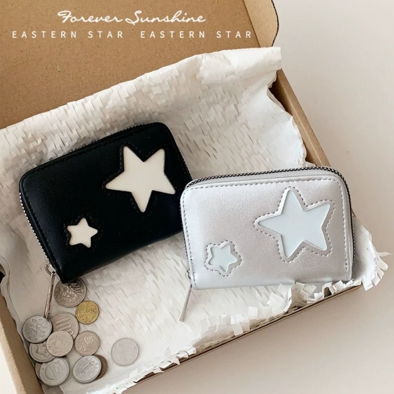 Y2K Star Patch Accordion Card Holder, Niche Design Zippered Short Wallet, Multi-Card Slot Coin Storage Pouch