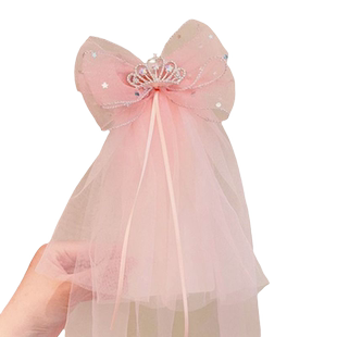 儿童头纱女童皇冠发夹超仙蝴蝶结公主生日顶夹发卡小女孩头花发饰