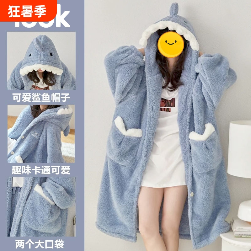 Coral Fleece Pajamas for Women, Winter 2026 New Style, Men's Thickened Autumn and Winter Nightgown, Long Shark Robe Set, Loungewear Coral Fleece Pajamas for Women, Winter 2026 New Style, Men's Thickened Autumn and Winter Nightgown, Long Shark Robe Set, Loungewear