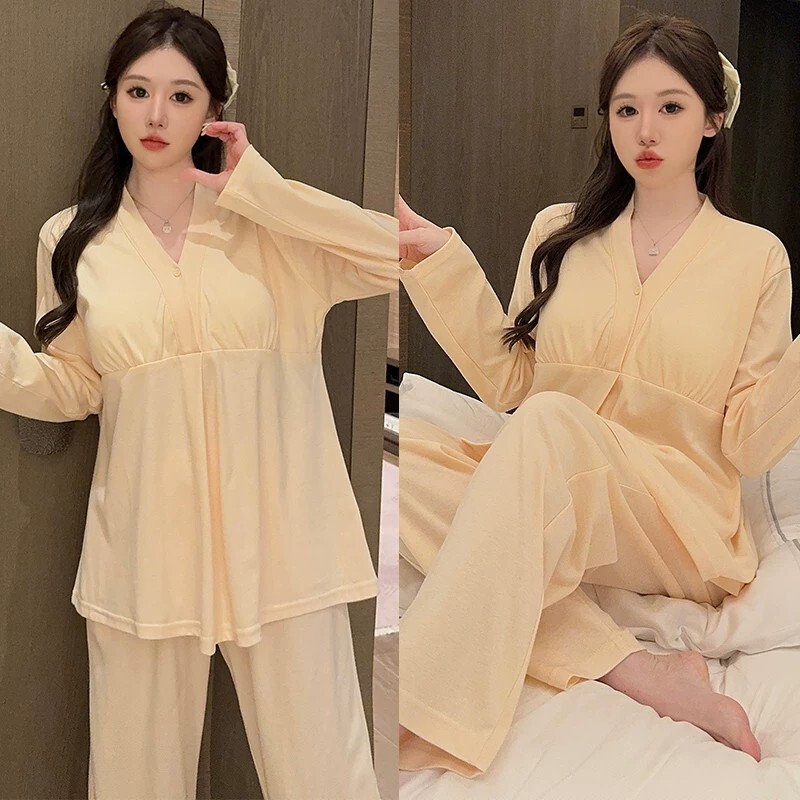 Maternity Pajamas with Breast Pads, Thin Autumn Style, Pure Cotton Postpartum, Autumn and Winter Nursing Maternity Sleepwear, Women's Maternity Loungewear Maternity Pajamas with Breast Pads, Thin Autumn Style, Pure Cotton Postpartum, Autumn and Winter Nursing Maternity Sleepwear, Women's Maternity Loungewear