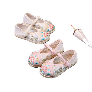 女童汉服鞋夏季老北京童鞋网面儿童绣花鞋马面裙国风古装刺绣布鞋