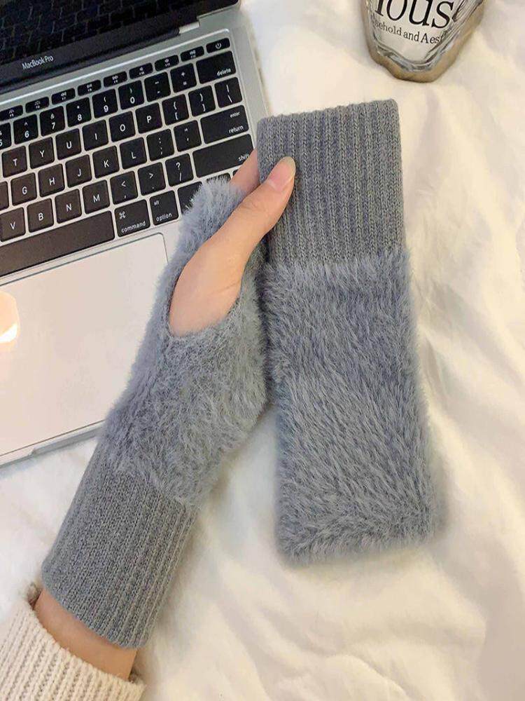 WARM WOOLEN HALF-FINGER GLOVES WOMENS WINTER PLUSH KNITTING WRIST PROTECTION FINGER LEAKAGE VERSATILE TOUCH SCREEN OFFICE GIRLS WRITING