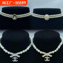 New style small fragrant pearl necklace temperament love resin diamond clavicle chain advanced double C letter full diamond necklace