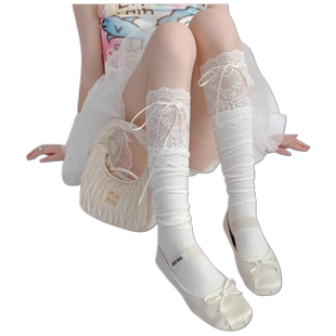 洛丽塔芭蕾风中筒袜女花边丝带蝴蝶结日系白色蕾丝边小腿袜子