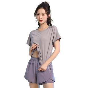 羽毛球服速干衣女运动上衣t恤夏季短袖瑜伽健身网纱紫色黑色后背