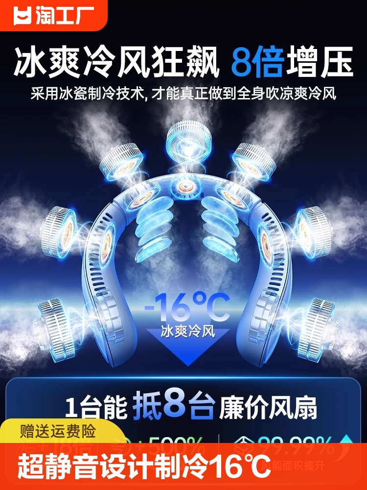 <!--挂脖风扇超静音便携式无叶大风力超长续航挂脖子户外制冷2024新款-->