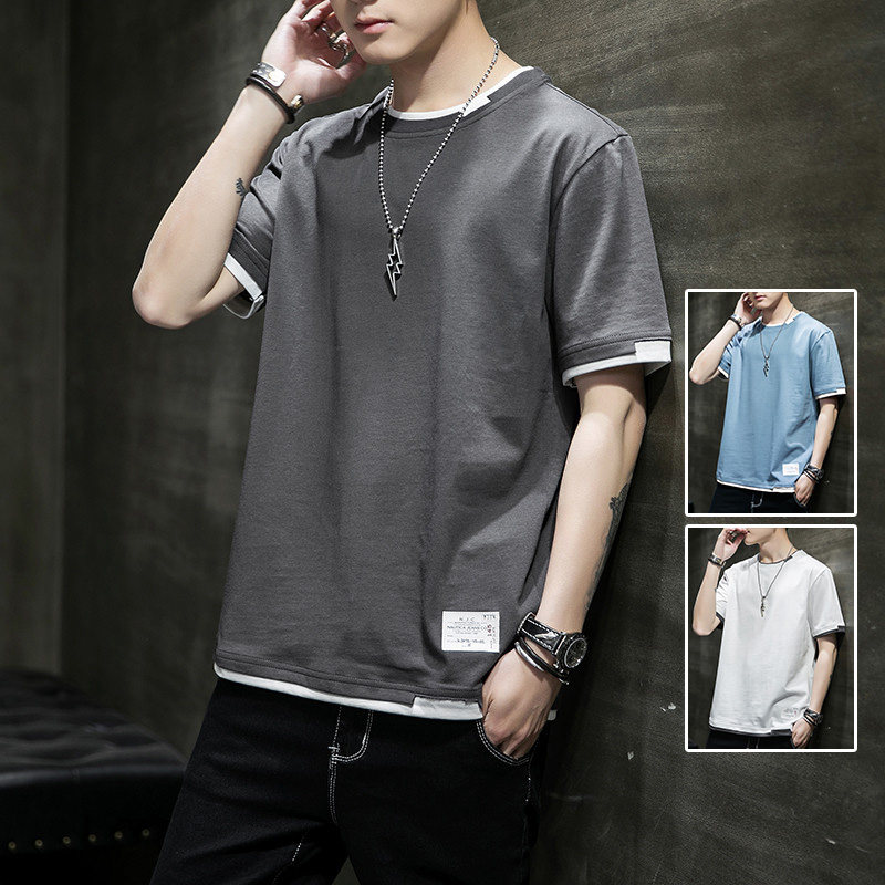 Short-sleeved t-shirt men's fake two-piece summer t-shirt 2021 new tide brand ins loose wild stitching cotton top