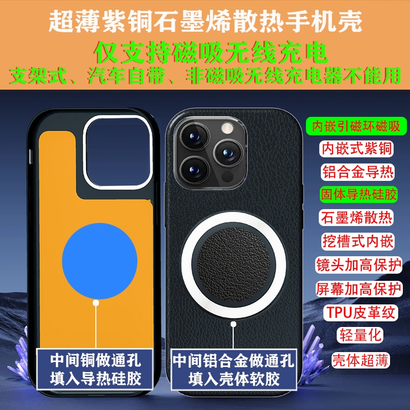 Suitable for Iphone16Promax/15Pro Magnetic Wireless Charging Copper Heat Dissipation Mobile Phone Case Iphone14/13/12 Embedded Graphene Silicone Grease Cooling Aluminum Alloy Thermal Protective Cover Suitable for Iphone16Promax/15Pro Magnetic Wireless Charging Copper Heat Dissipation Mobile Phone Case Iphone14/13/12 Embedded Graphene Silicone Grease Cooling Aluminum Alloy Thermal Protective Cover