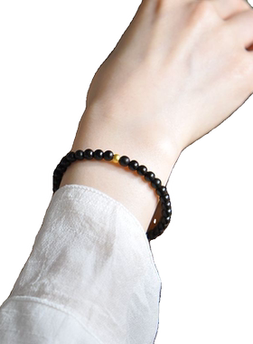 新中式天然黑檀木手串小众男女手绳金珠檀木文玩配饰黑檀圆珠手链