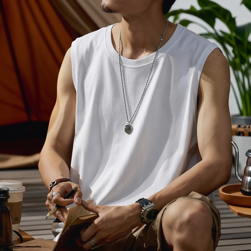 American-Style Heavyweight Pure Cotton Vest for Men, Summer Sleeveless T-Shirt for Outdoor Wear, Fitness Sports Tank Top, Ribbed, White and Black