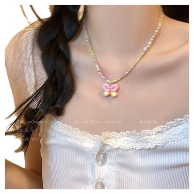 风~彩色串珠蝴蝶项链女夏季甜美配饰2023年锁骨链潮多巴胺平安锁