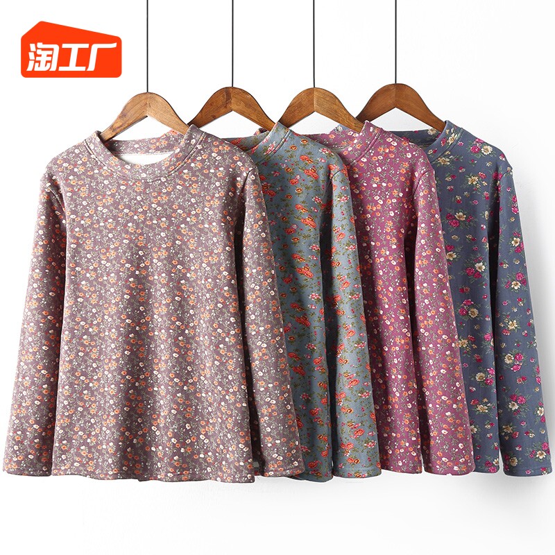 Grandma's autumn clothes warm T-shirt blouses elderly autumn clothes middle-aged and older women's clothing moms in autumn and winter clothing with velvety jersey-Taobao