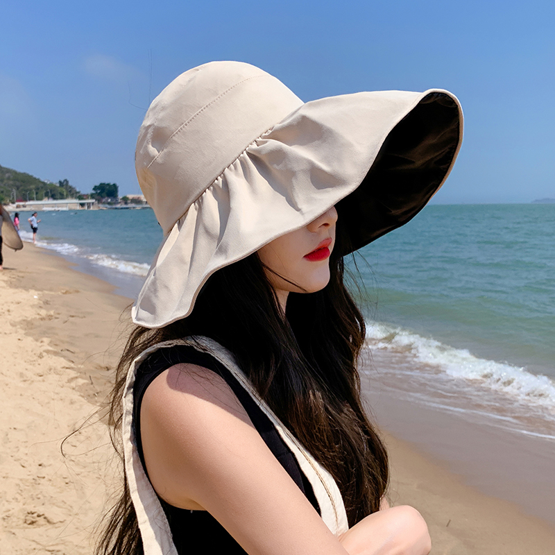 (Upgraded Black Top) Beigesummer Fisherman hat female veil Korean version Sunscreen ultraviolet rays sunshade Hat Big edge tide Versatile solar system ma'am fashion