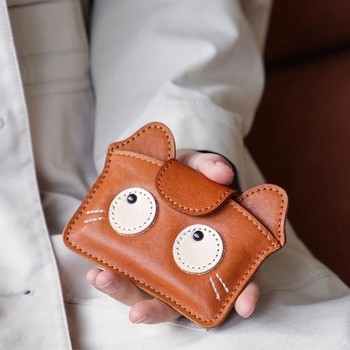 Vegetable tanned cowhide leather texture retro cartoon women's wallet cute high-end thin and large capacity card bag id storage bag