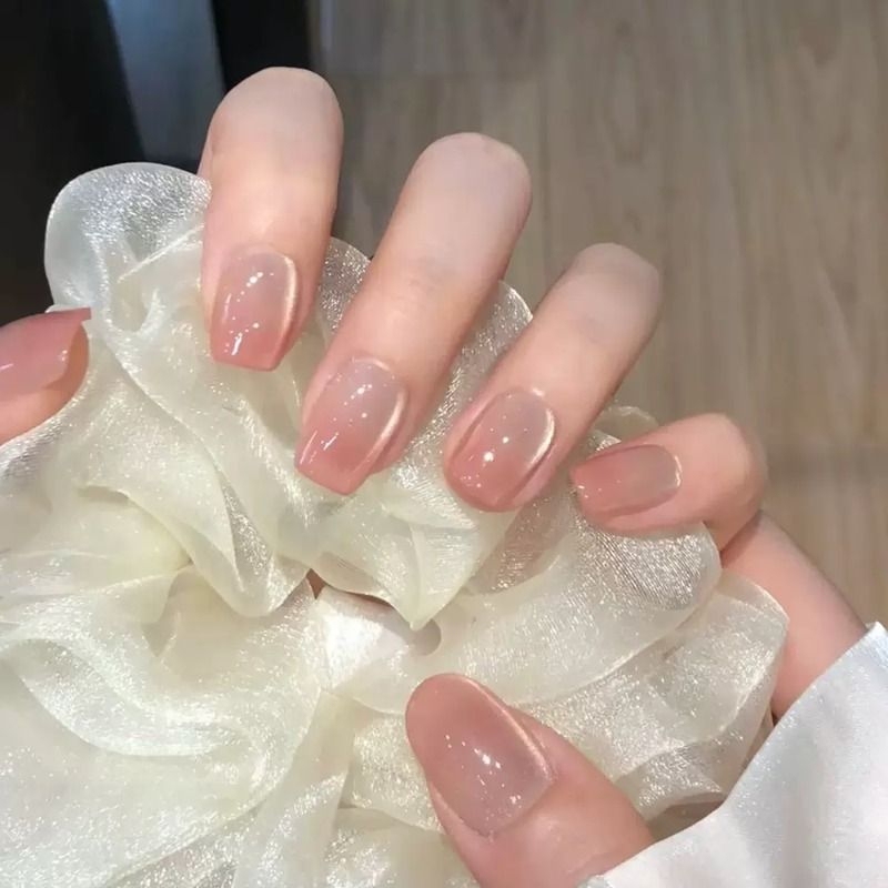 Wearable Nails with a Pure and Alluring Cat-Eye Effect, Semi-Handmade Short Nail Patches in Nude Silk, French Style, Red and Blue Polka Dots