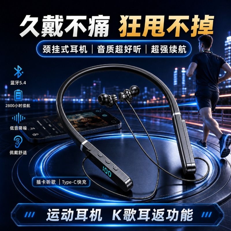 Bluetooth Earphones, Neck-Mounted, for Sports and Running, Noise-Cancelling, Long Battery Life, High-End, 2026 New Model, In-Ear Type