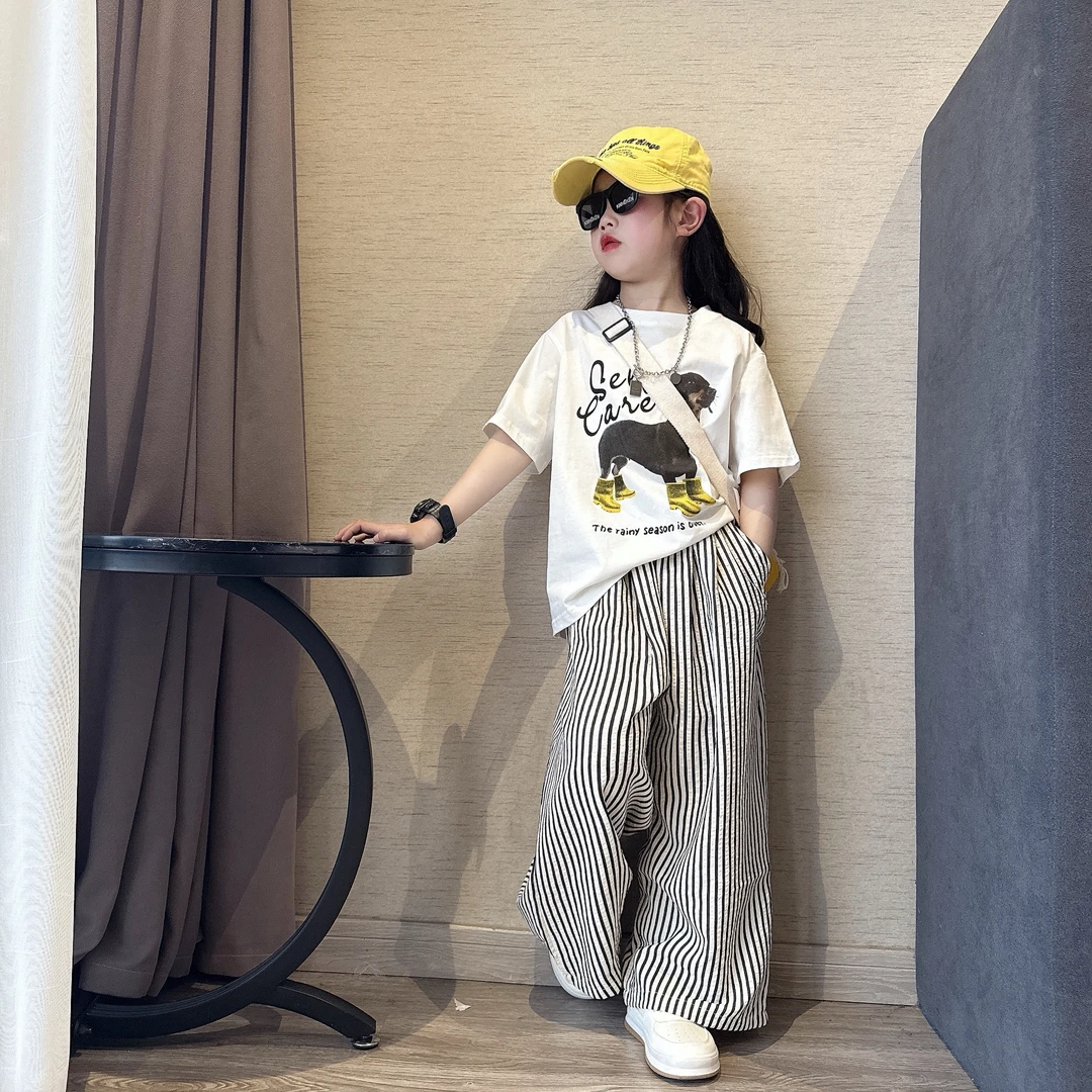 2026 new summer children's short-sleeved T-shirts for girls and boys summer striped pants summer tops two-piece thin set