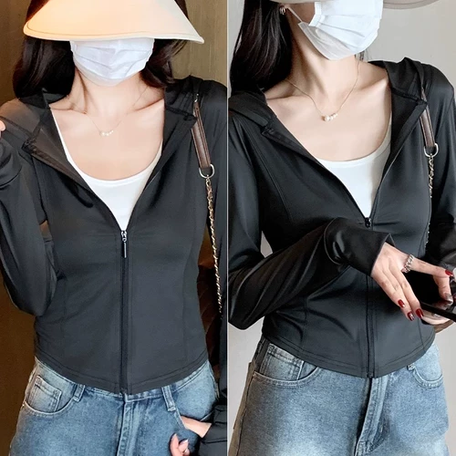 Черная летняя одежда для защиты от солнца, приталенный тонкий кардиган, шелковая куртка для йоги, защита от ультрафиолета