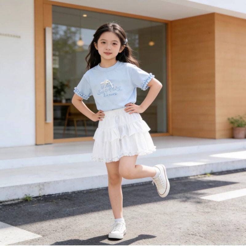 2026 new summer Korean style girls pure cotton short-sleeved T-shirt set baby tops and pants and skirts two-piece set thin section