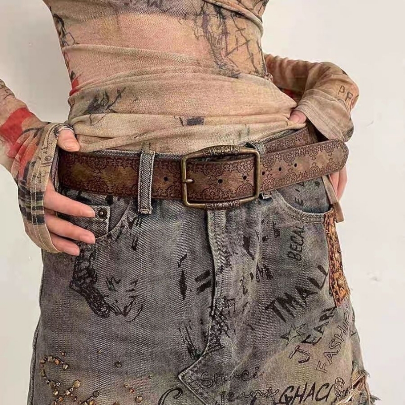 American Retro Belt 2025 New Model Y2K Brown Jeans Paired with Embossed Leather Belt High-End Elastic Braided Belt