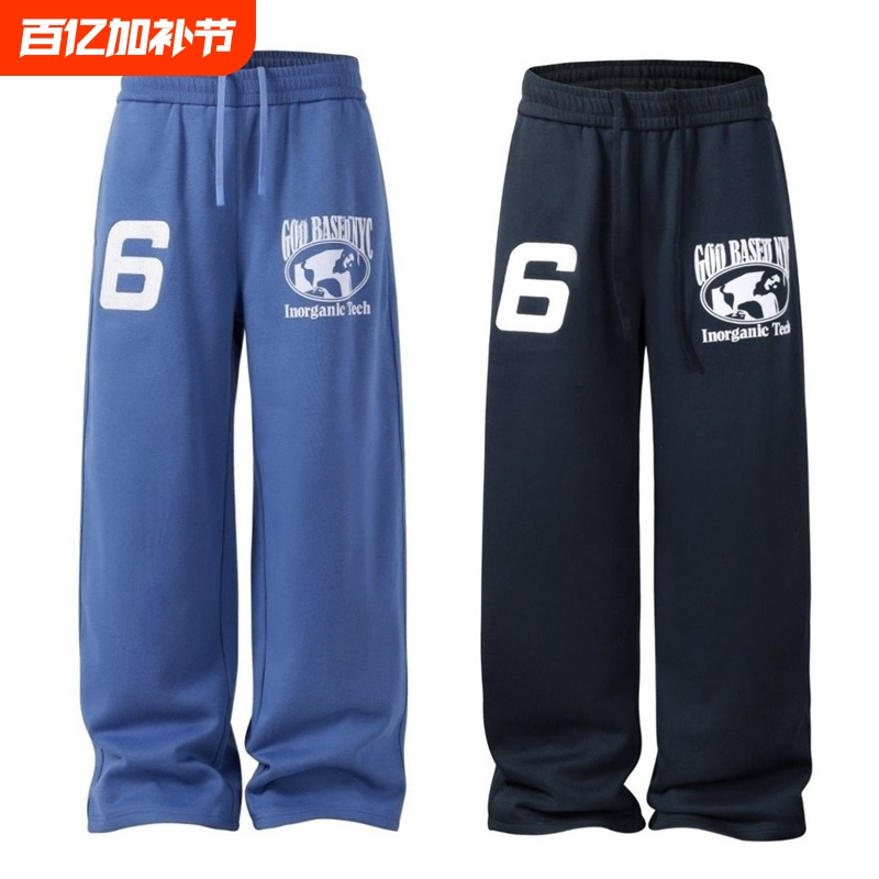 American-Style Printed Blue Straight-Leg Sports Pants for Men and Women, Spring and Summer, Lazy Loose Casual Fitness Sweatpants, Navy Blue