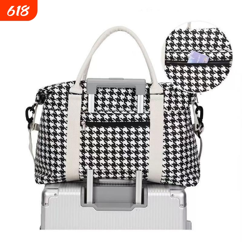 Houndstooth Travel Bag, Large Capacity, Short-Distance Business Trip Handbag, Luggage Storage, Trolley Case, Sports and Fitness Bag