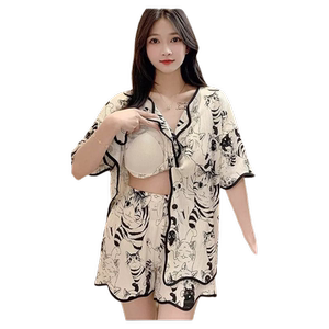 wuakfuler胸垫睡衣女夏季短袖短裤开衫可外穿卡通猫咪女士家居服