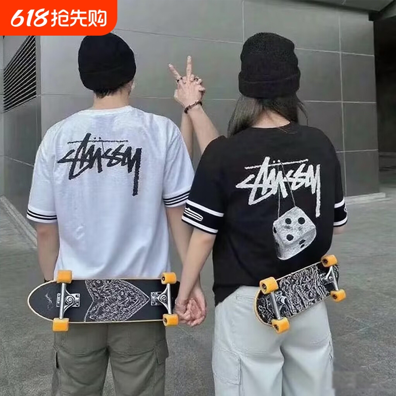 Trendy Sports Brand Stu Short-Sleeve T-Shirt, Loose Fit, Heavy-Duty Pure Cotton 260g Stussy Top, Unisex, Black and White