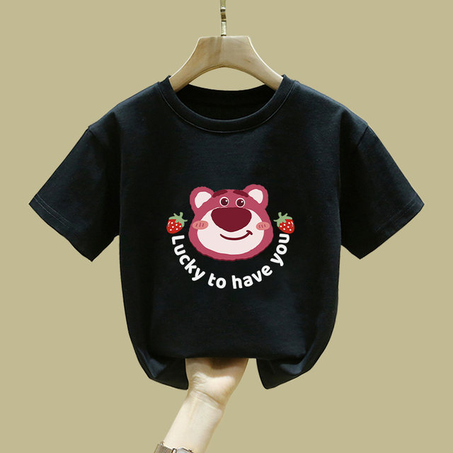 ເດັກຍິງ Summer Clothing 2024 New Strawberry Bear Big Children's Clothes Children's Summer T-shirt Girls Pure Cotton Short Sleeve T-Shirt Round Neck