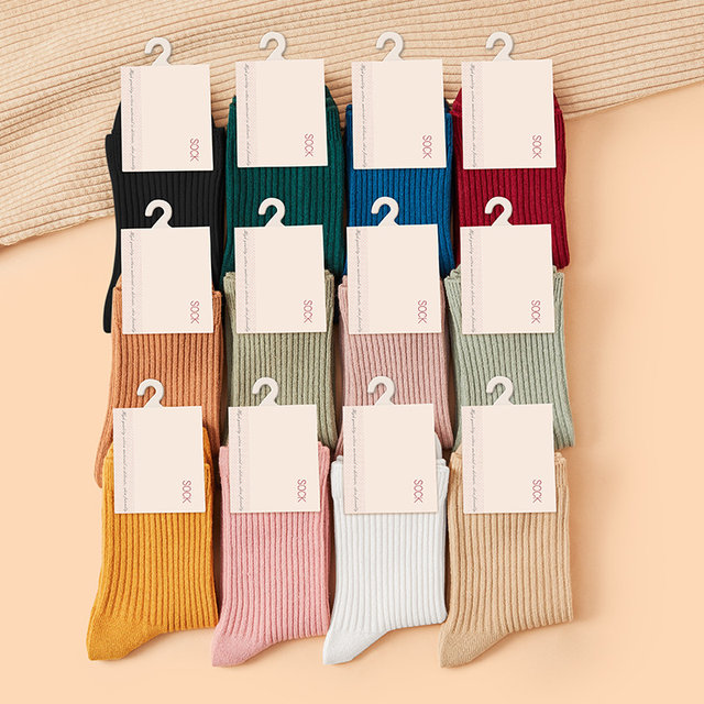 Zhuji socks ກາງ calf ແມ່ຍິງ socks ແມ່ຍິງອົບອຸ່ນ socks ຝ້າຍຂອງແມ່ຍິງສີແຂງ versatile ກາງແອວບໍລິສຸດຖົງຕີນຝ້າຍຂອງແມ່ຍິງ stockings ດູດເຫື່ອ
