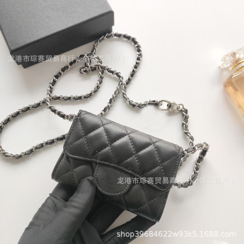 New Genuine Leather Caviar Card Holder with Sheepskin Pattern, Women's Coin Purse, Mini Bag with Chain, Decorative Waist Bag, Classic Chain