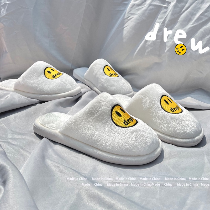 Drew Smiley Face Cotton Slippers, Same Style for Men and Women, Couple Style, European and American Style, Embroidered, Non-Slip, Warm, Suede, Home Slippers, Trendy