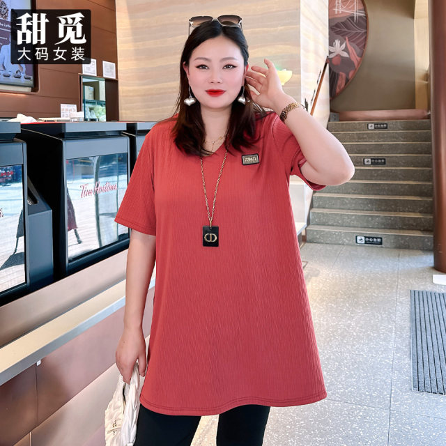 Tianmi Extra Large Size Women's 2024 Summer Clothing Fat mm 300 Jin Fashionable and Western Style Mid-Length Loose V-Neck Thin T-Shirt