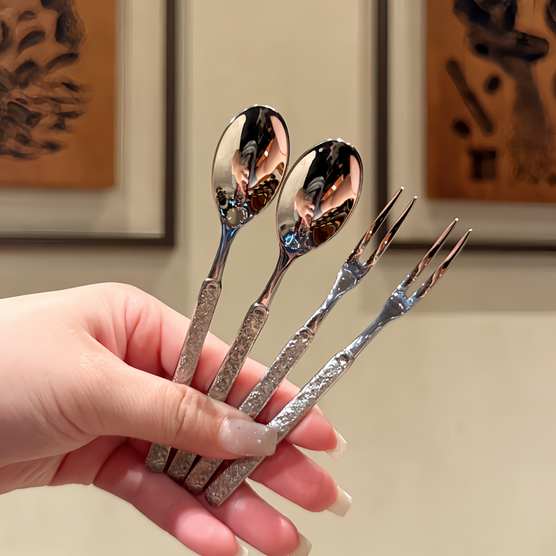 Noble Style Rock Pattern 304 Stainless Steel Fruit Fork Hotel Light Luxury Cake Pastry Tea Fruit Pick Mini Dessert Spoon Fork