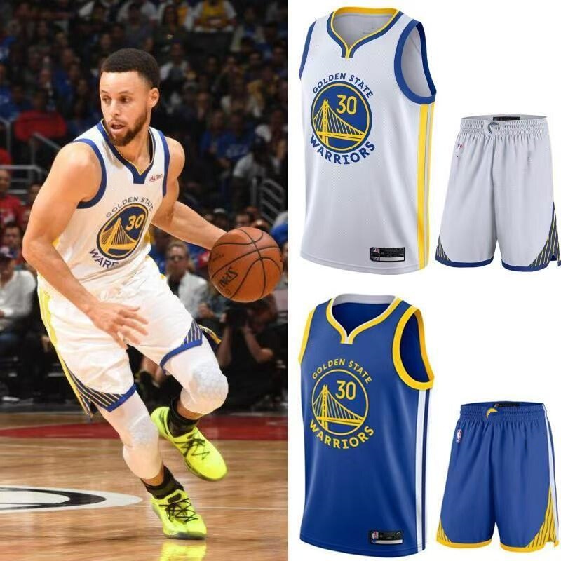 Warriors No. 30 Curry Jersey, No. 11 Thompson, No. 22 Wiggins Basketball Uniform, Men's and Women's Set with Shorts